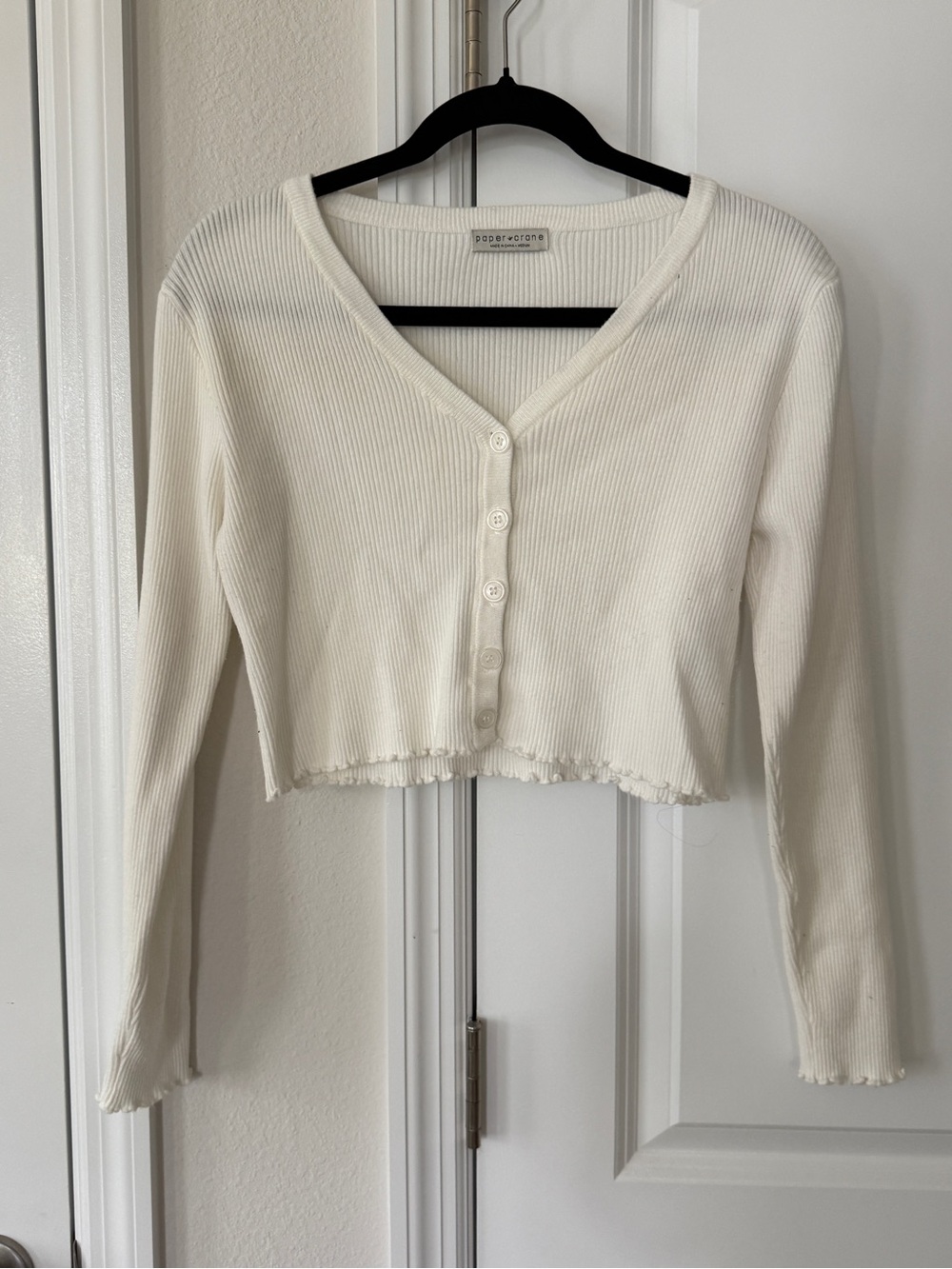 Paper Crane - Ribbed Cropped Cardigan in Cream